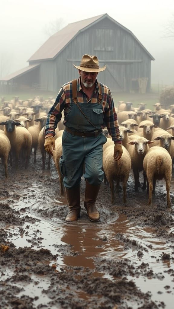 Rugged Farmhand Guides Sheep Through Foggy Pasture