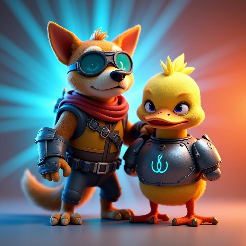 Heroic Dog and Armored War Duck in Cinematic Pose