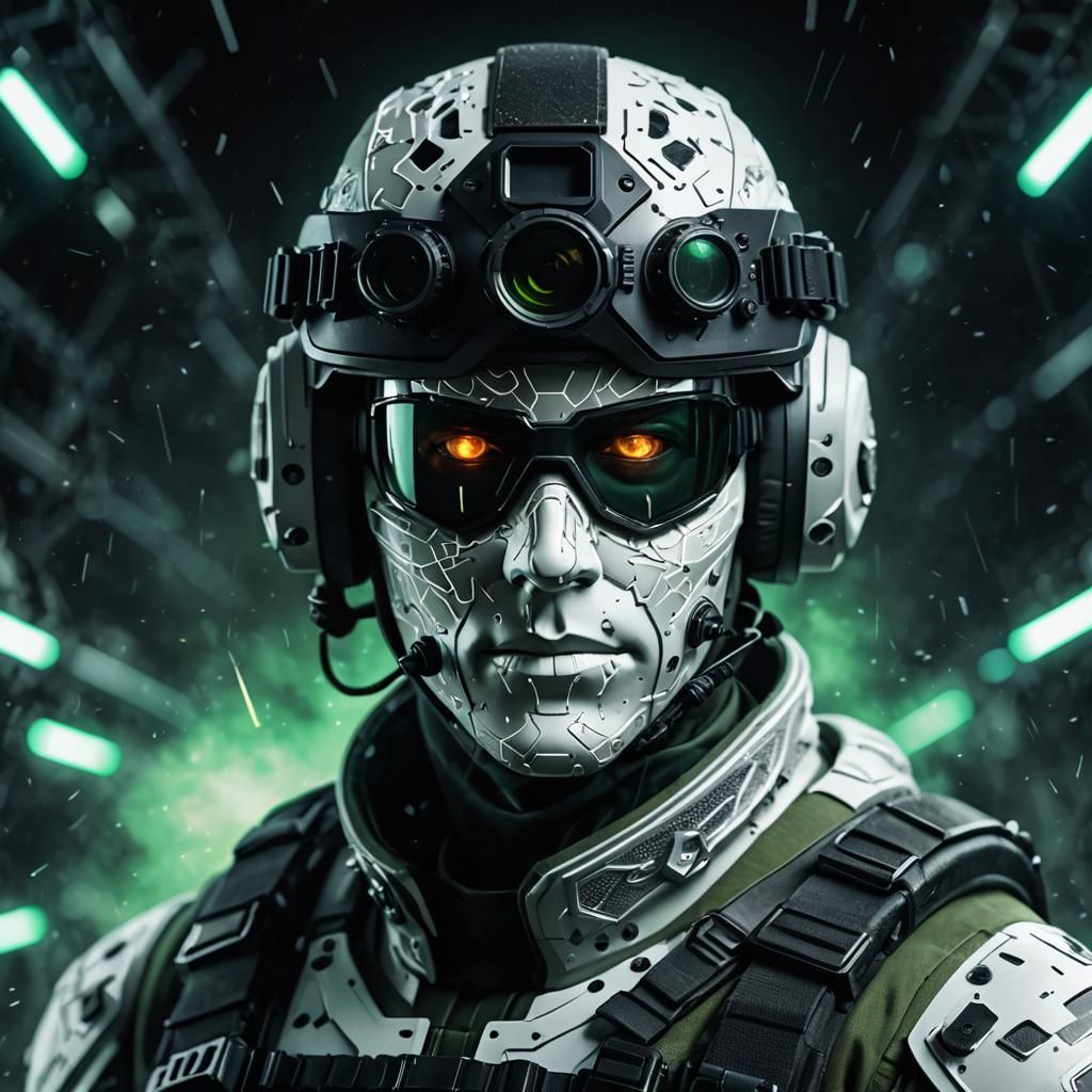 Cybernetic Warrior Close-Up in Gritty Night Vision