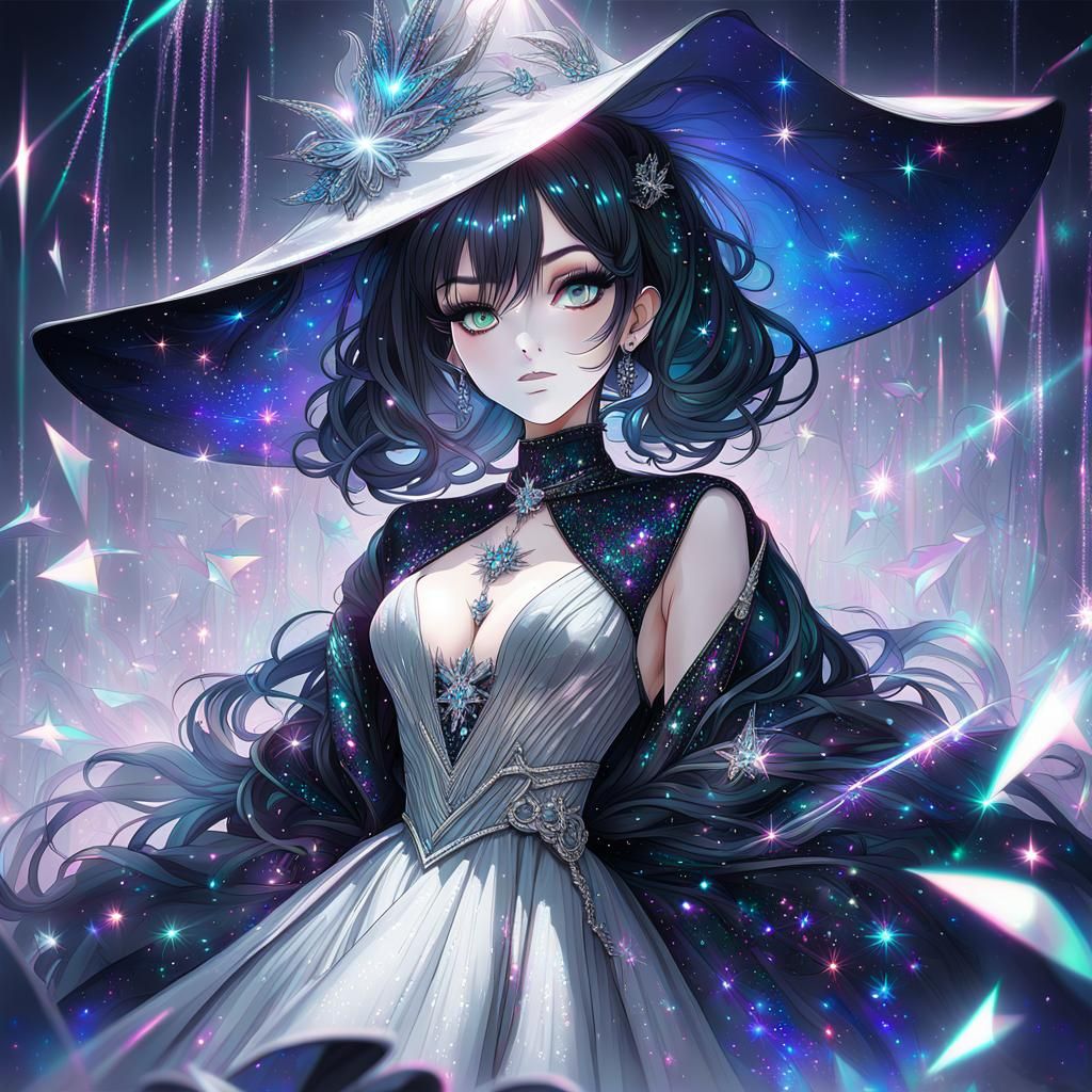 Glamorous Anime Witch in Shimmering Black Leather Attire