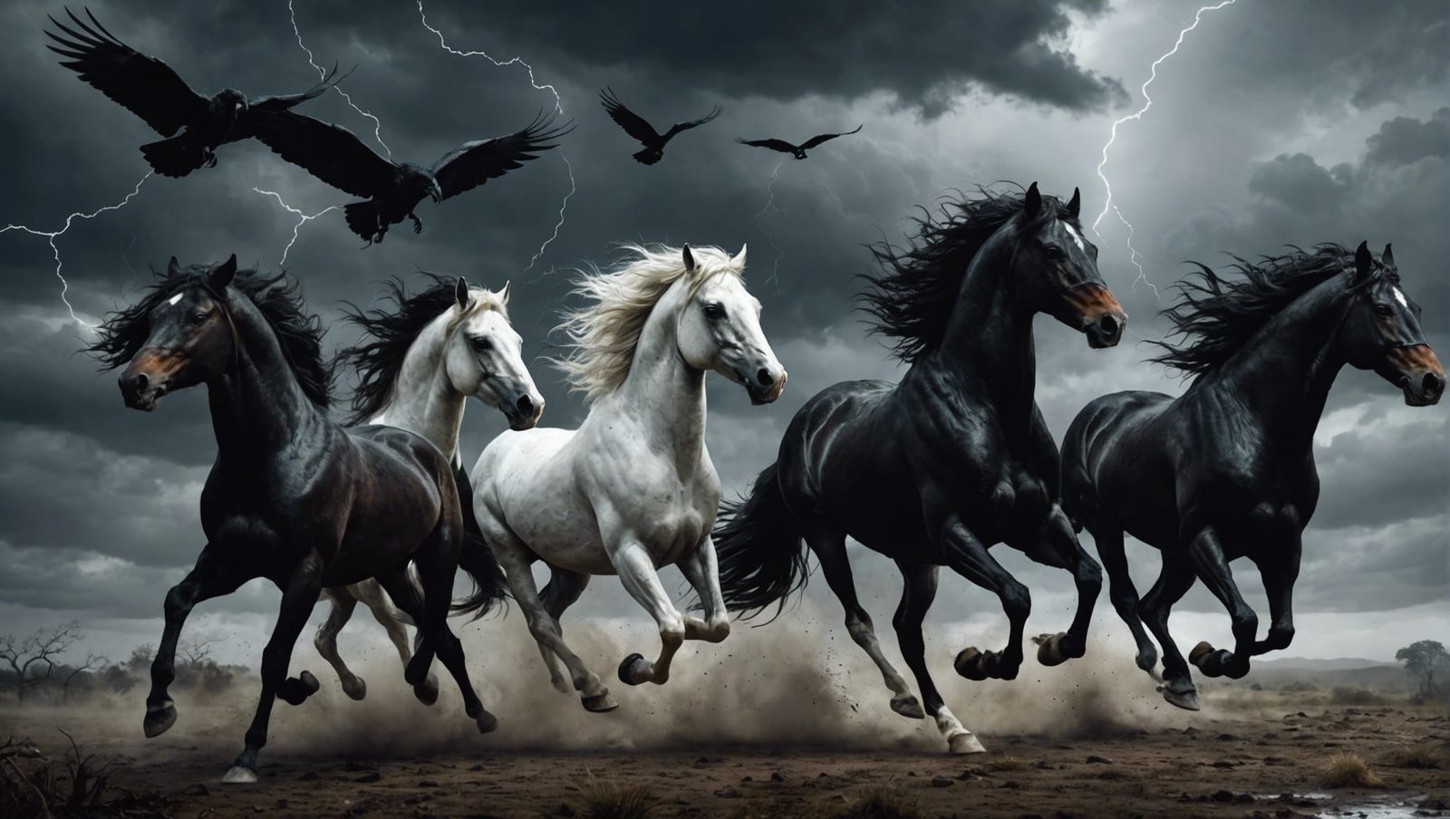 Mystical Black Horses Gallop Through a Turbulent Stormy Land...