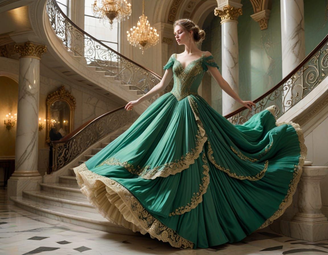 Woman in Green Gown Dancing on Ballroom Staircase
