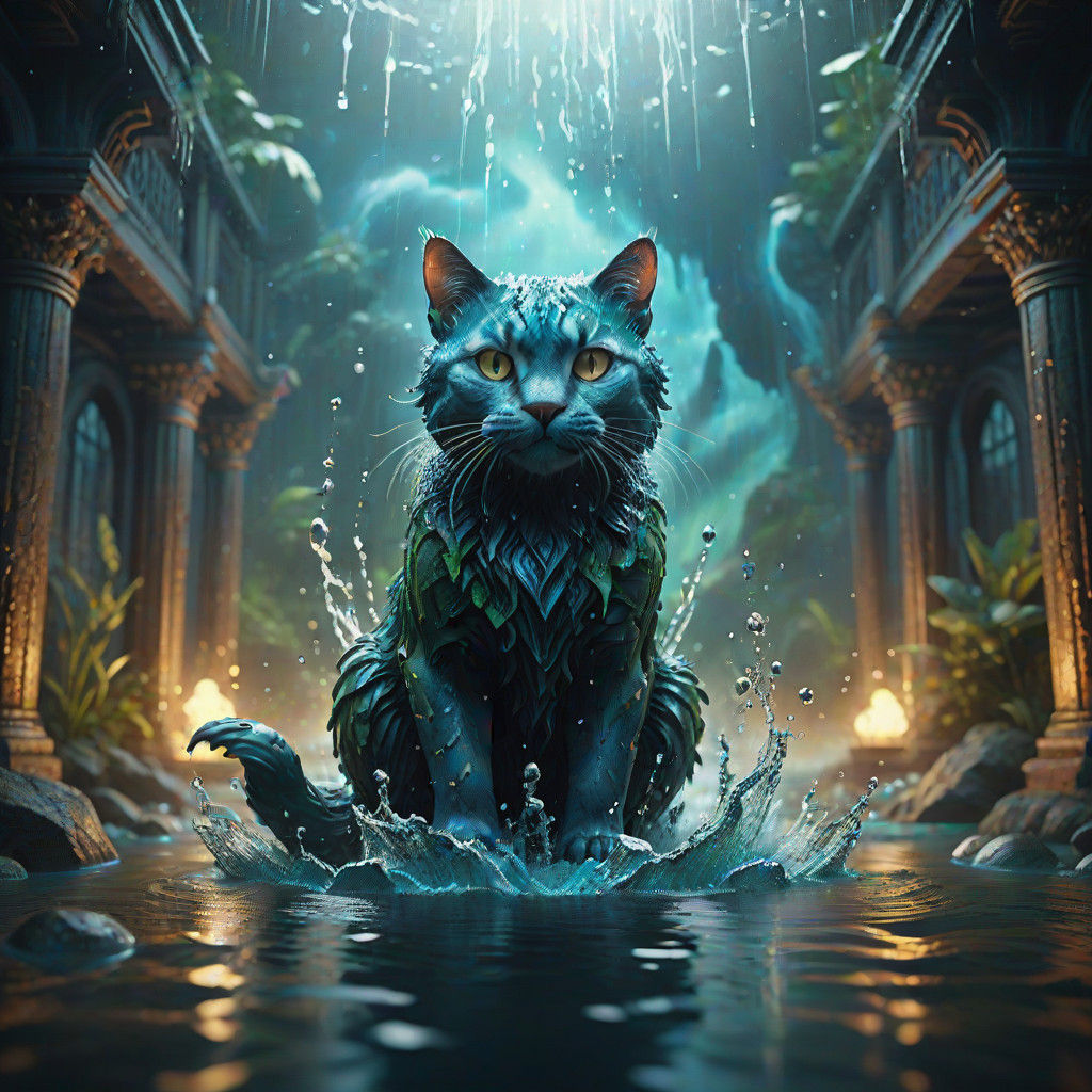 Surreal Water Cat Rises from Splashing Ocean