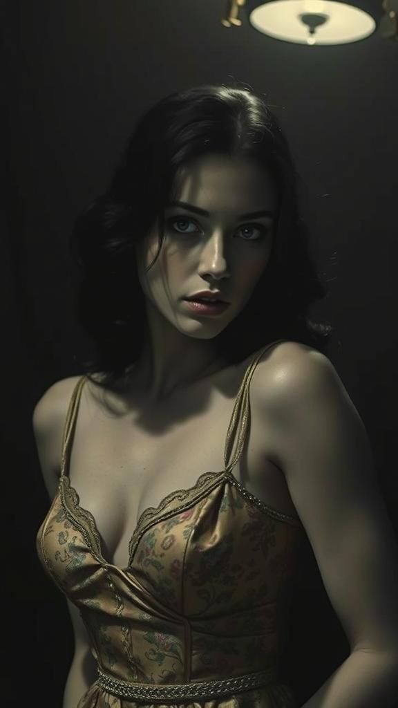 Sultry Film Noir Siren in Elegant French Dress