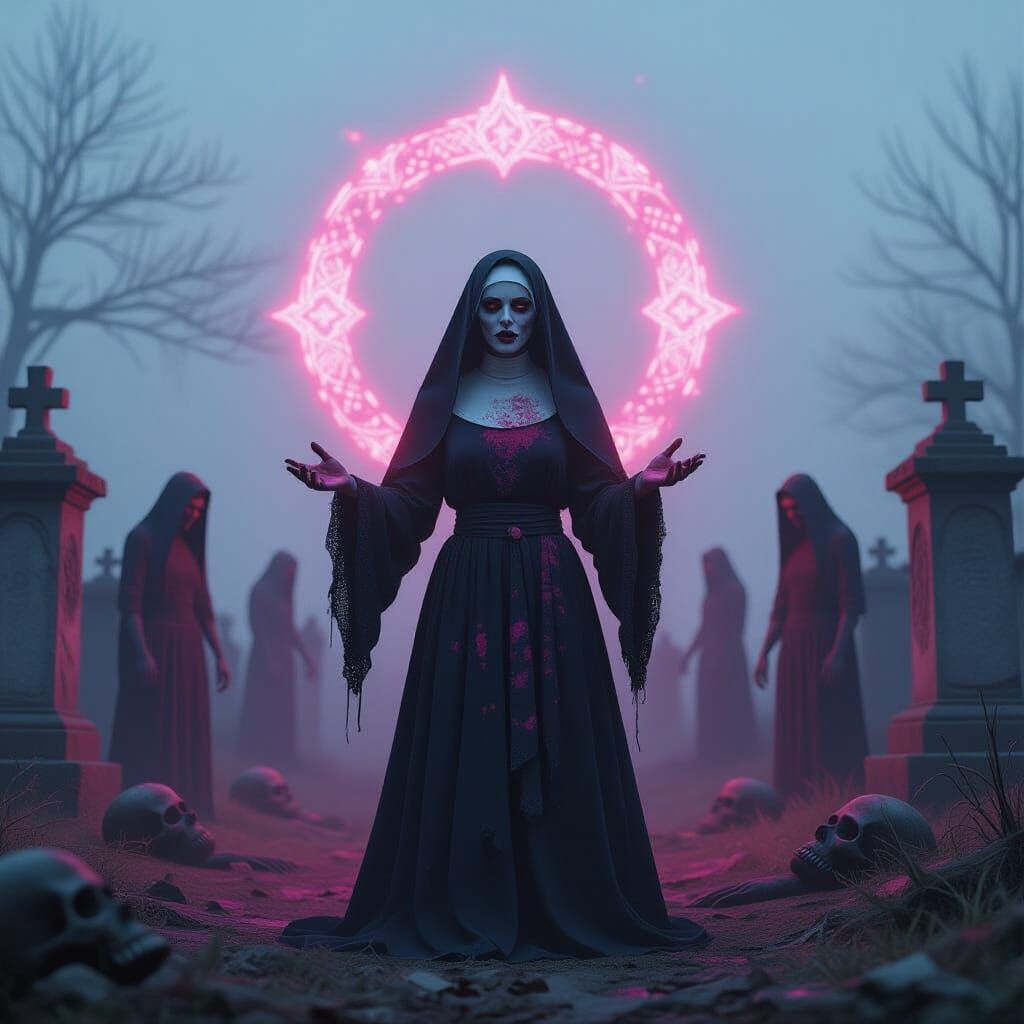 Terrifying Nun Ghost in Foggy Graveyard