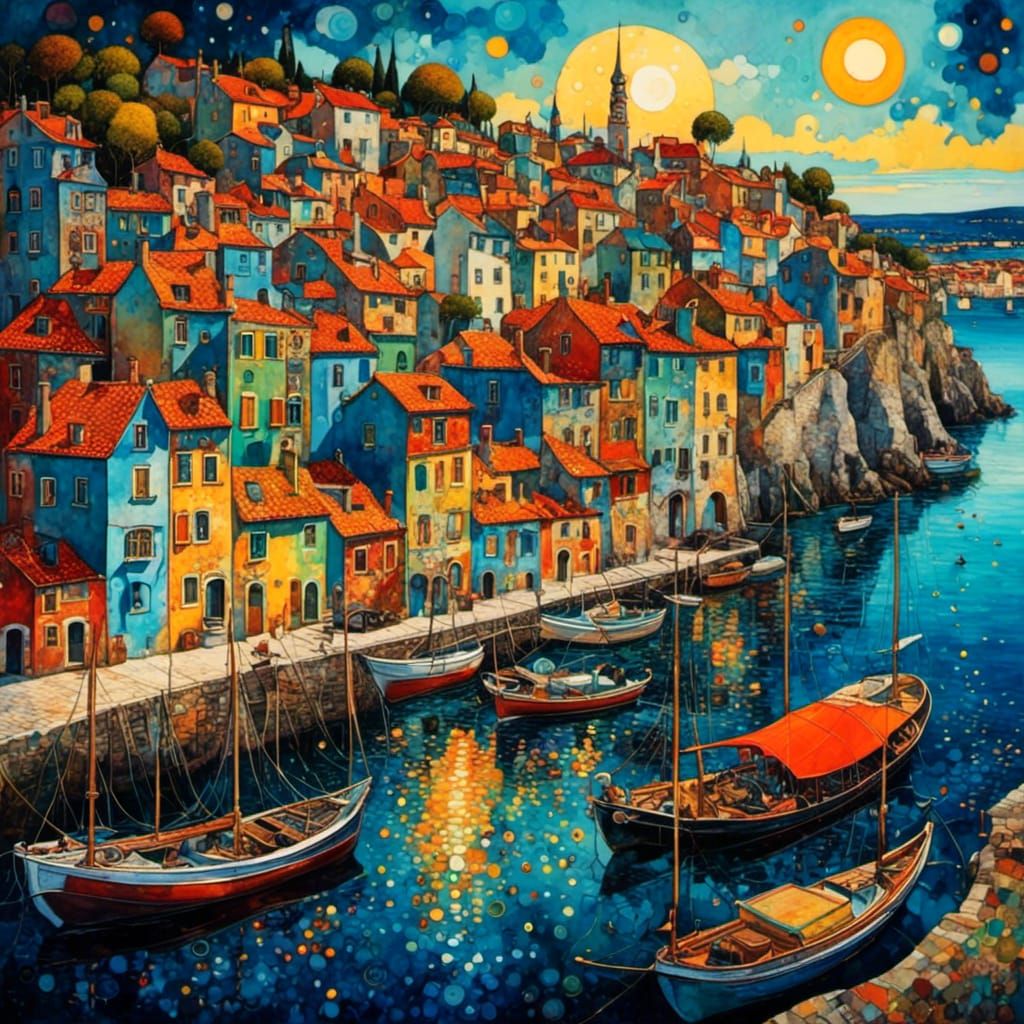 City on Pillars in the Sea: Whimsical Scene of Peaceful Dang...