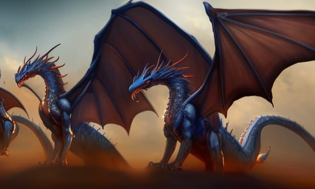 Fantastical Family of Winged Quadrupedal Dragons in Detailed...