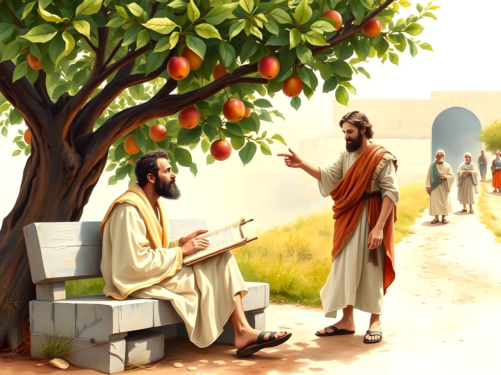 Nathanael and Philip Encounter Jesus: Watercolor Painting