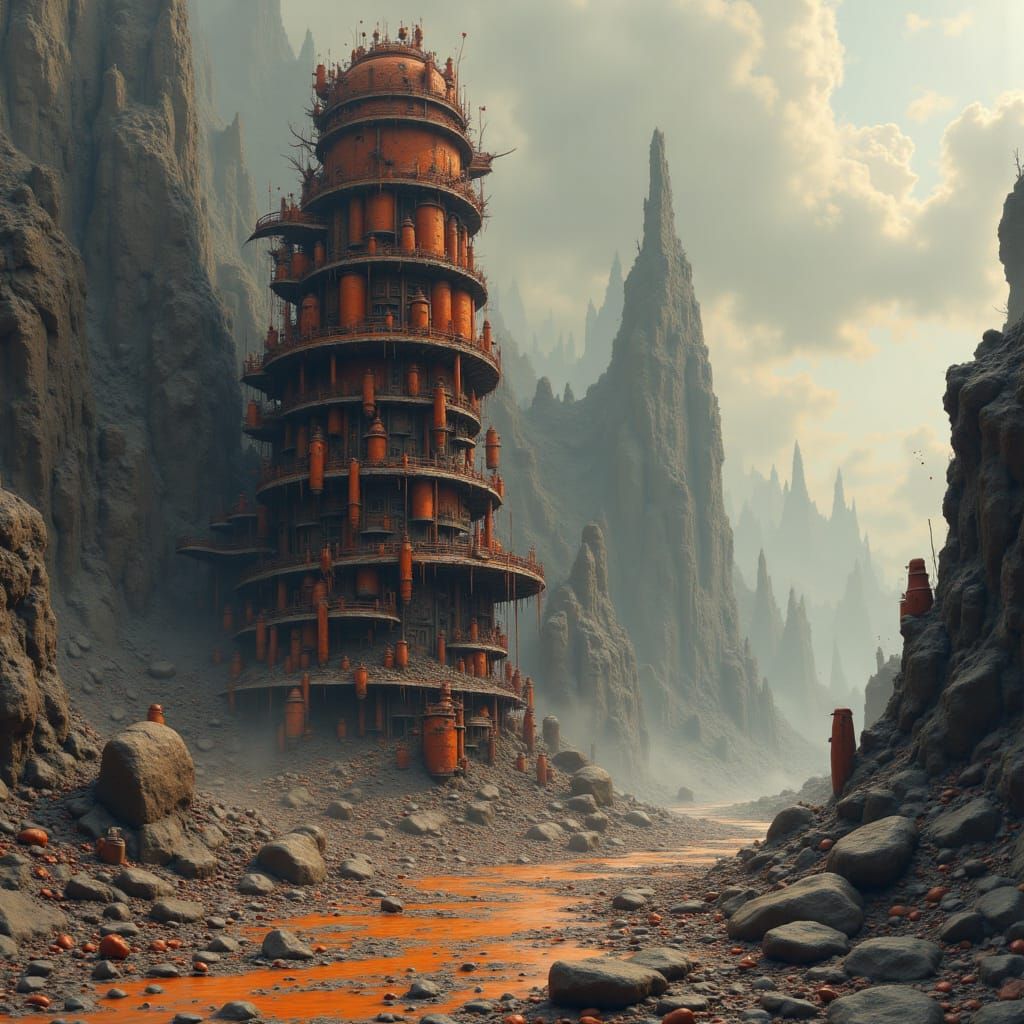 Surreal Tower of Coffee Cups: Caffeine Addiction