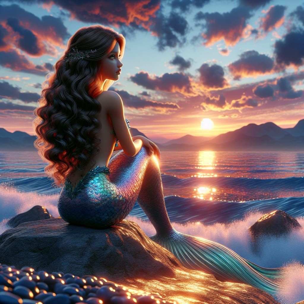 Disney Pixar style 3D beautiful mermaid, long curly hair, sparkly scales, sitting on a rock, looking out at a glorious s...