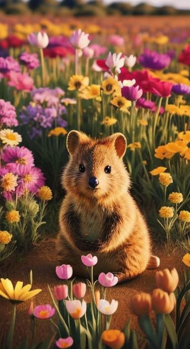 Quokka Basks Among Medieval Flowers in Vibrant Field