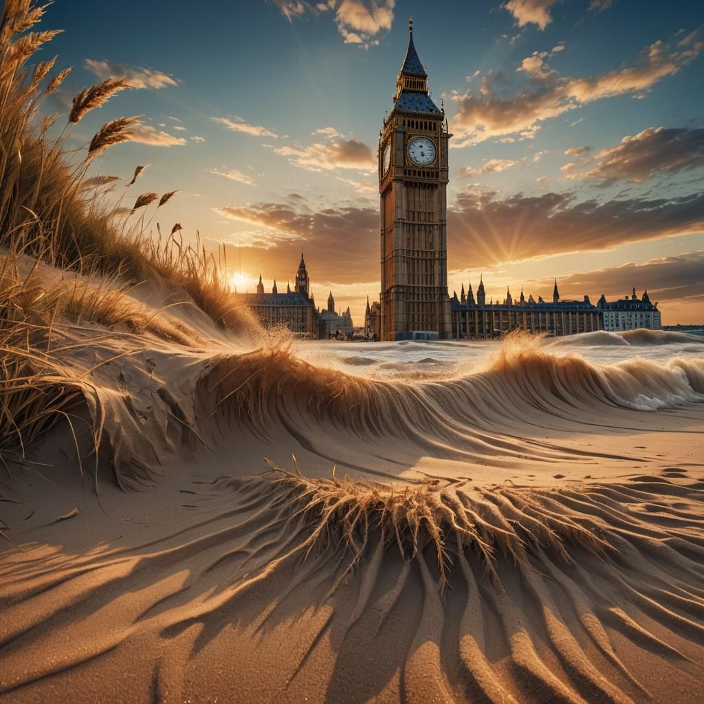 Surreal Sunset Scene: Deserted Beach with Sandmade Big Ben