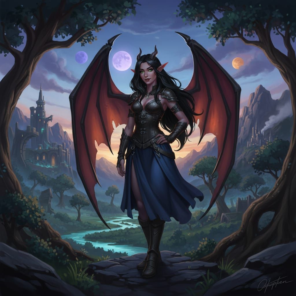 Badass Tiefling with Wings in Epic Fantasy Landscape