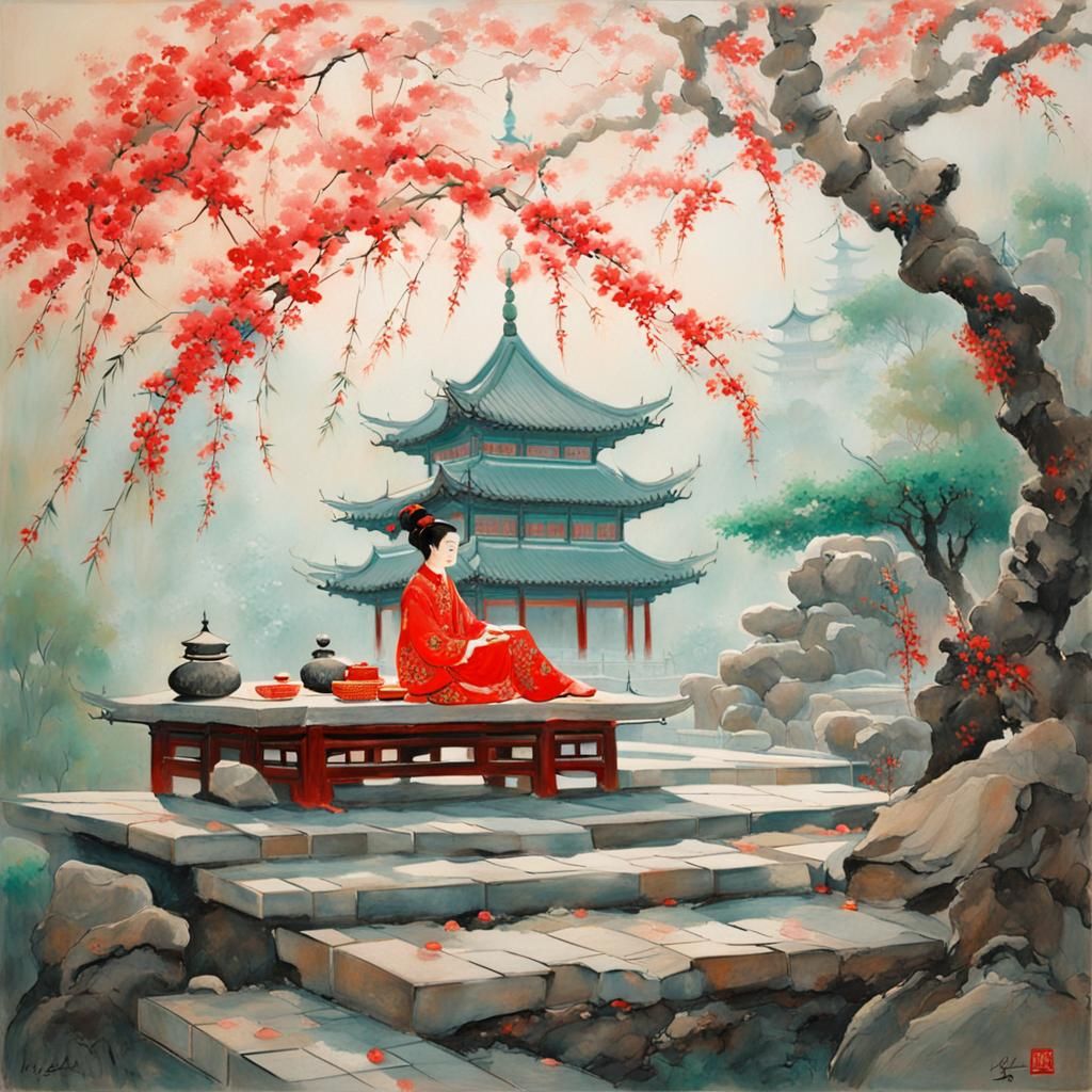 Chinese Woman in Serene Traditional Garden with Vibrant Plum...