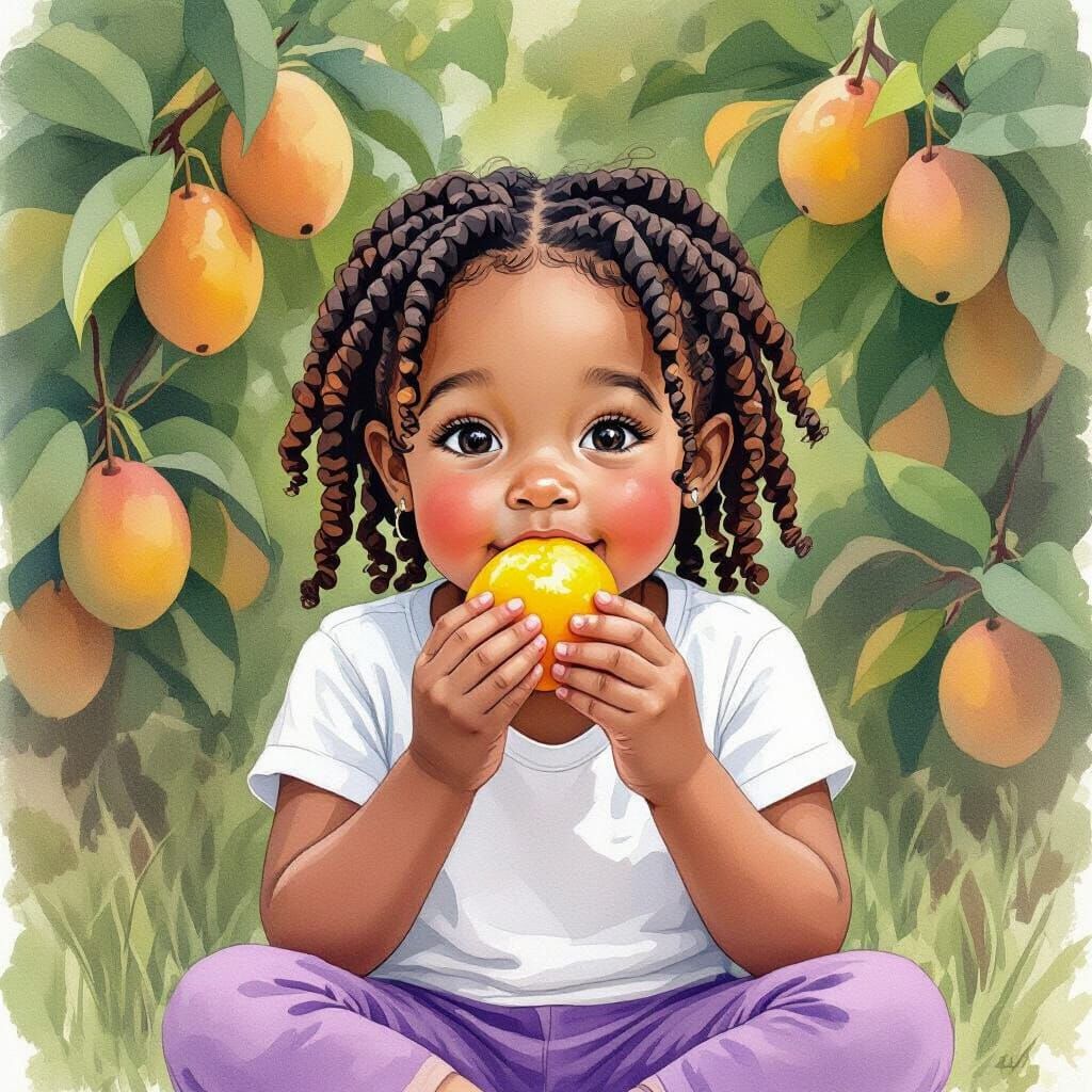 Girl in Mango Grove: Whimsical Watercolor Portrait