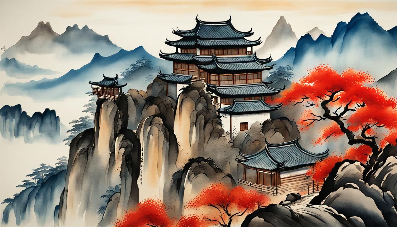 Vibrant Chinese Mountainscape in Colorful Woodblock Print St...