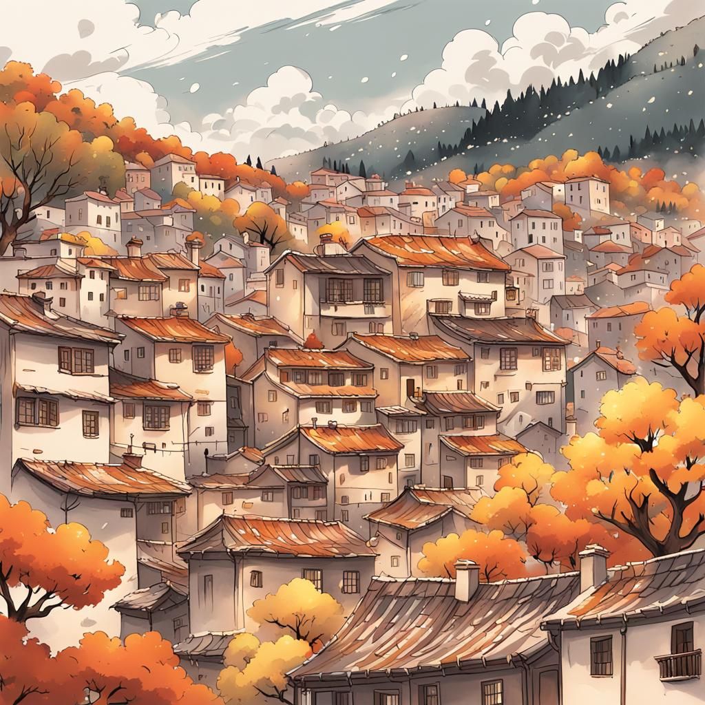 Italian Hill Village Under Snowy Autumn Skies in Anime Style