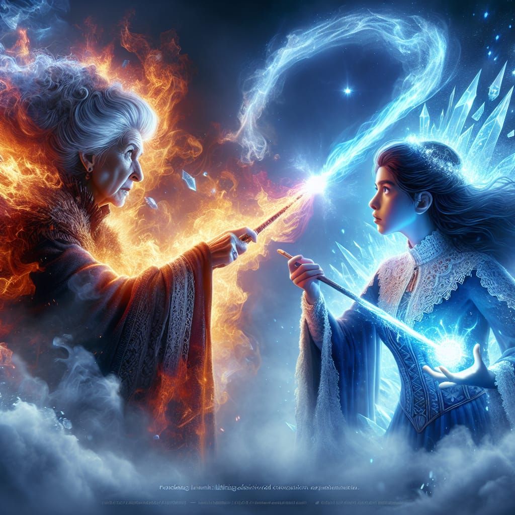 Middle-Aged Woman and Young Witch Engage in Magical Battle