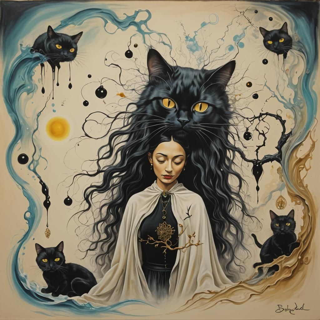 Mystical Bruja Enchants with Whimsical Black Cat in Surreali...