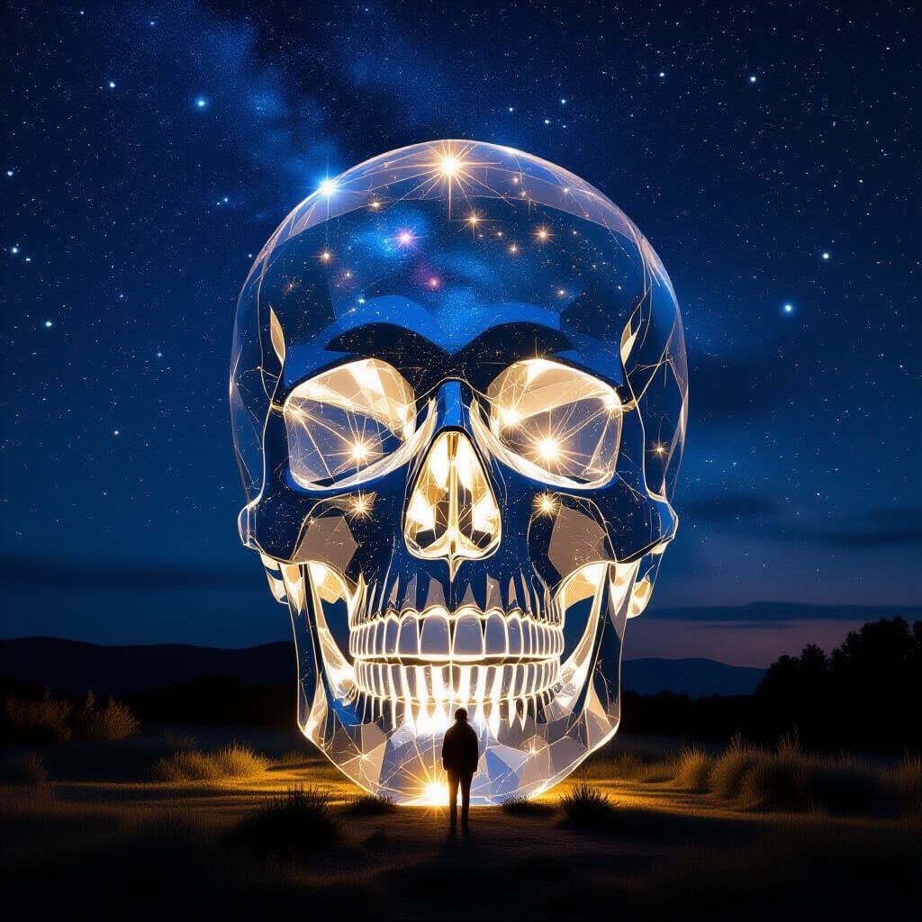 Illuminated Crystal Skull in Starry Night Sky
