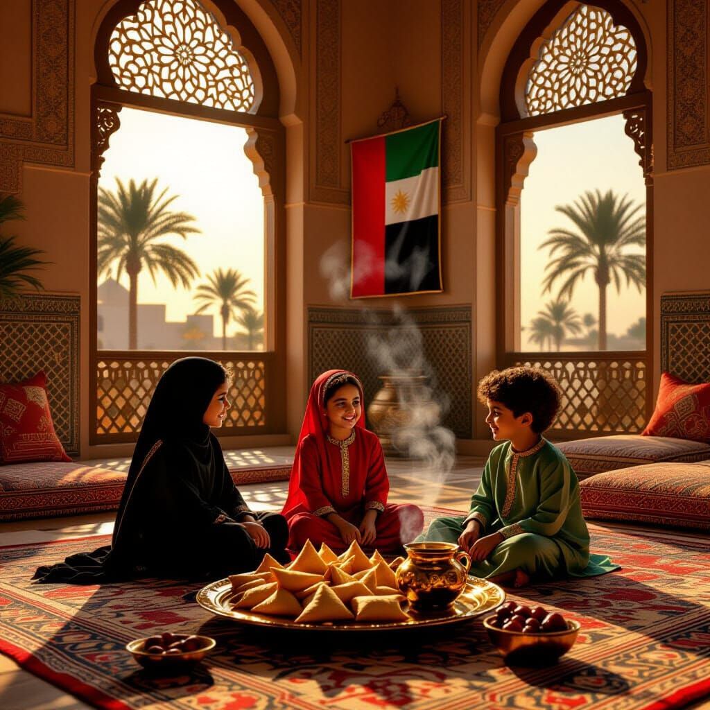 Opulent Arabic Living Room Scene with Children Playing