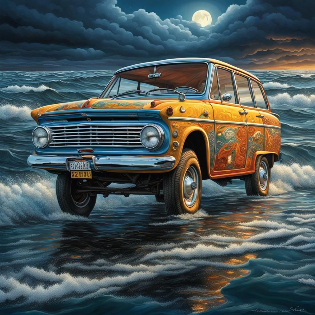 Hyperrealistic Moonrise Car Chase on the Ocean's Eye