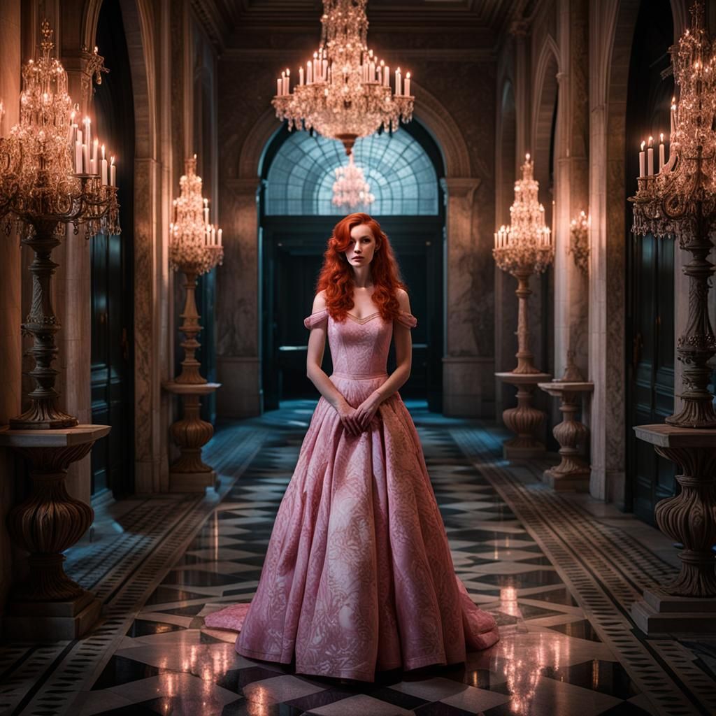 Ethereal Girl in Ornate Hallway