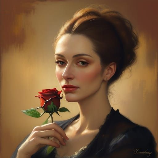 Woman Holding Rose in Impressionist Oil Painting