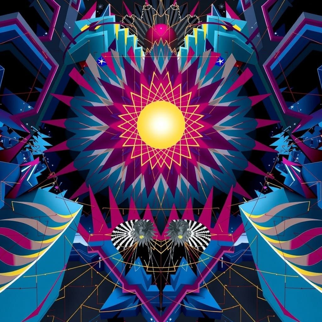 Vibrant Op Art Geometric Abstraction with Red, Blue, and Gol...