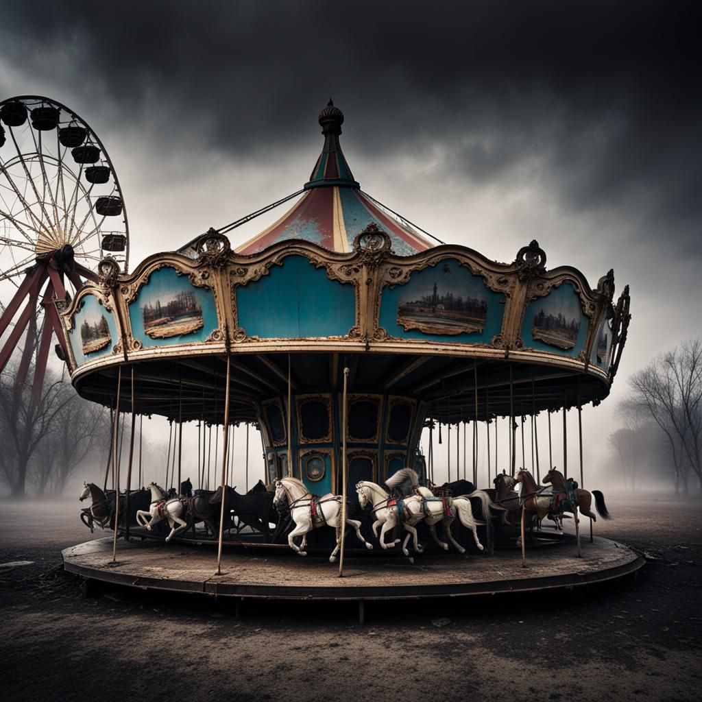 Dystopian Post-Apocalyptic Carousel in Ruin
