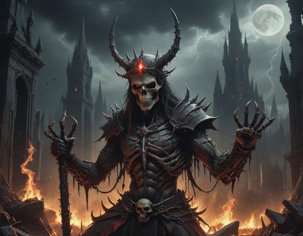 Skeletal Demon on Throne of Skulls in Burning City