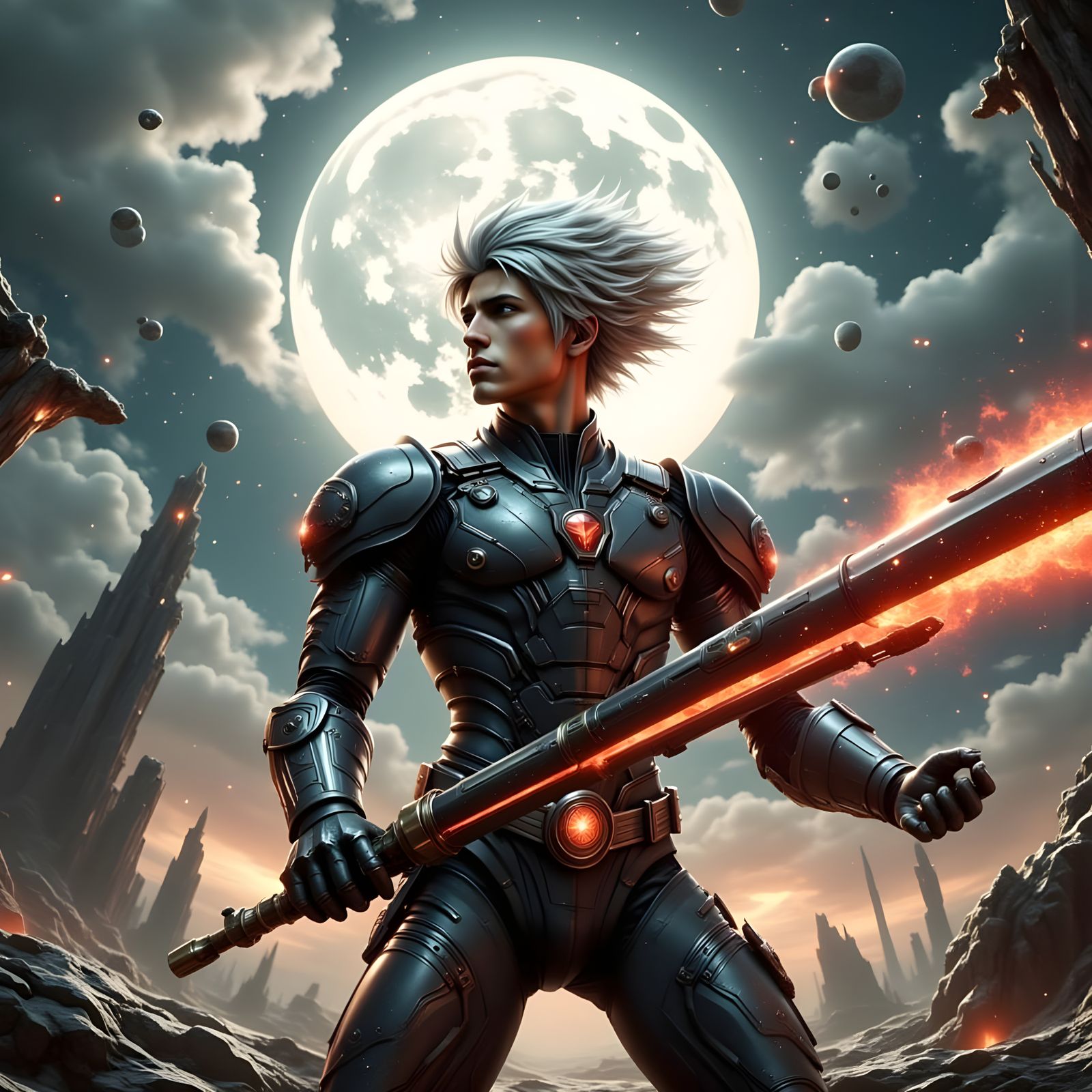 Futuristic Warrior Unleashes Laser Weapon in Cyberpunk Style