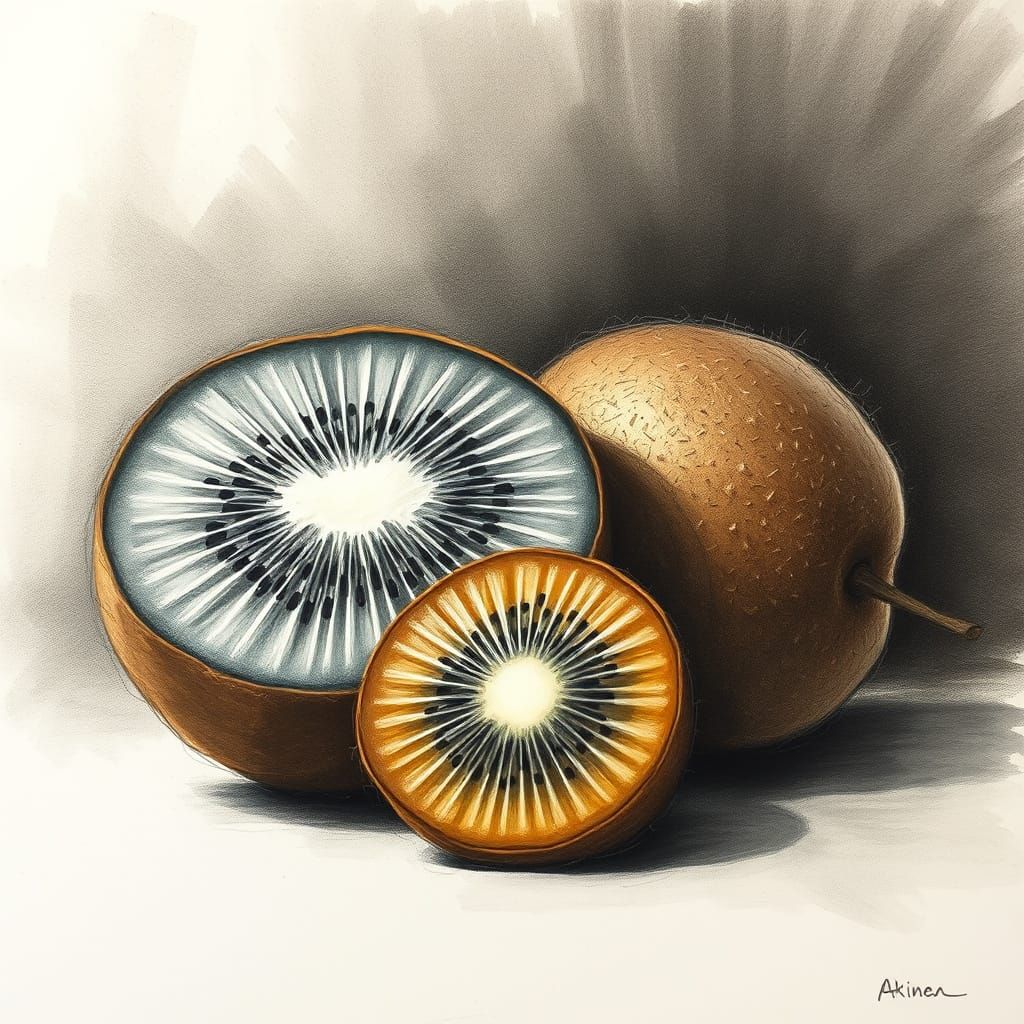 Hyper-Realistic Charcoal Drawing of Brown Kiwi Fruits