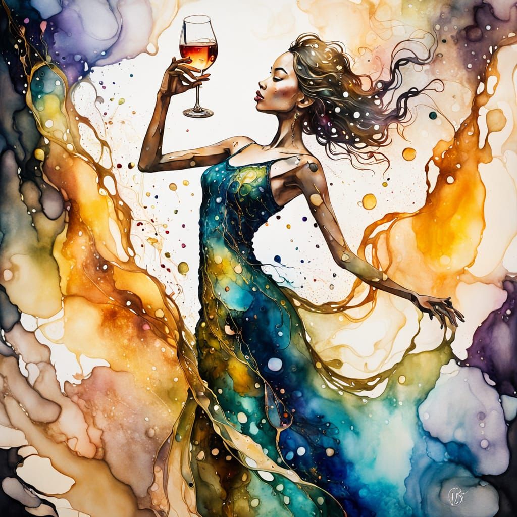 Woman with Glass in Vibrant Alcohol Ink Wash