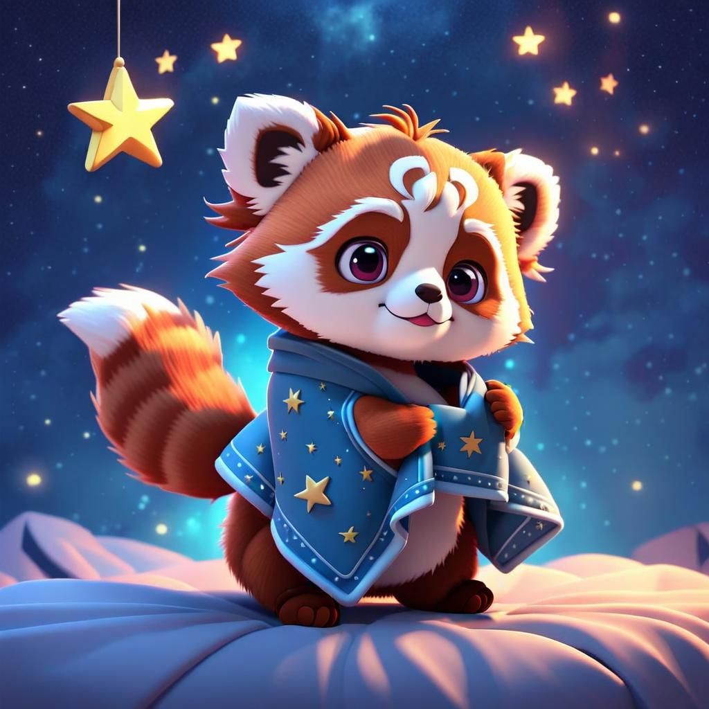 Chibi Red Panda in Night Sky, 3D Digital Art