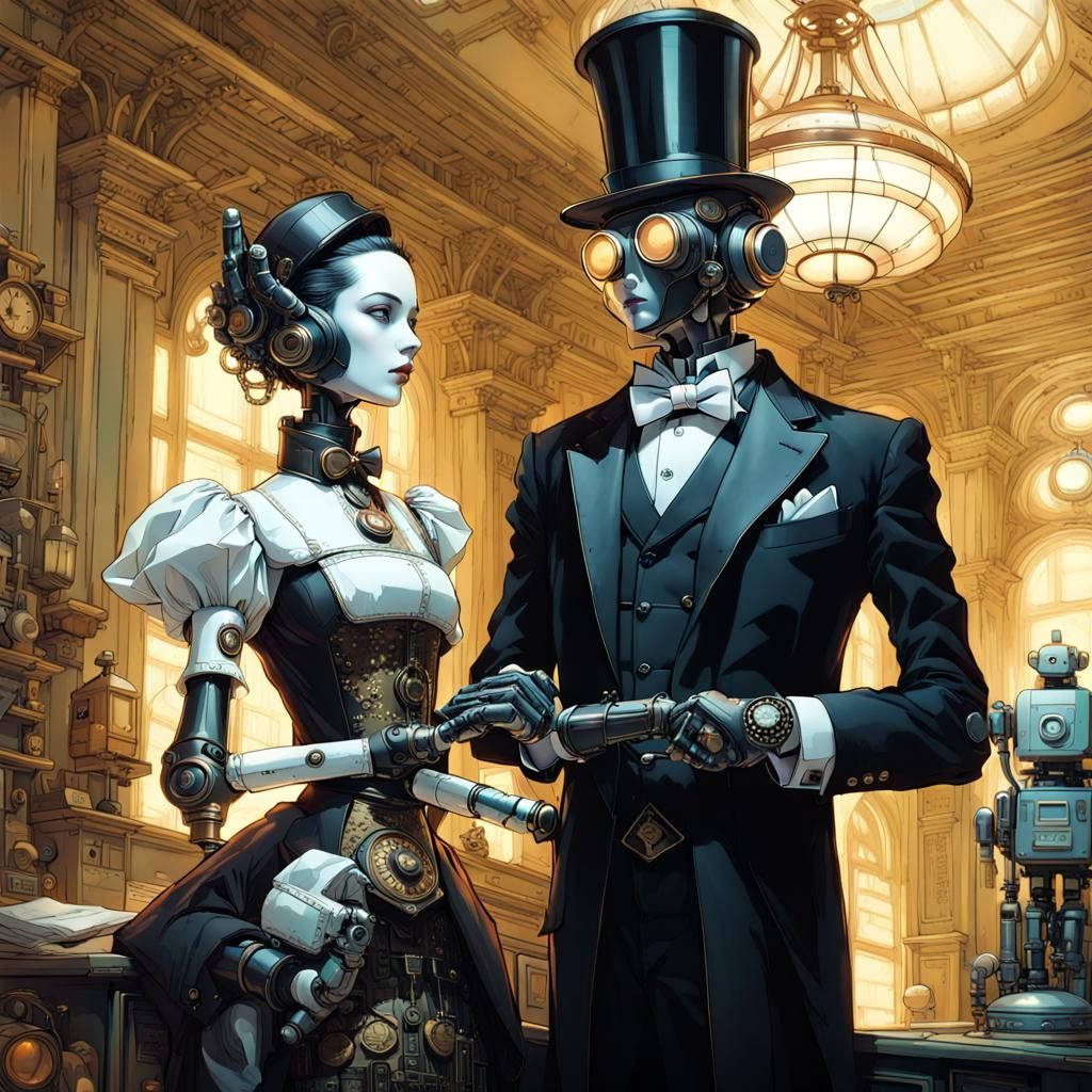 Elegant Steampunk Butler Commands Robot Maid in a Richly Det...