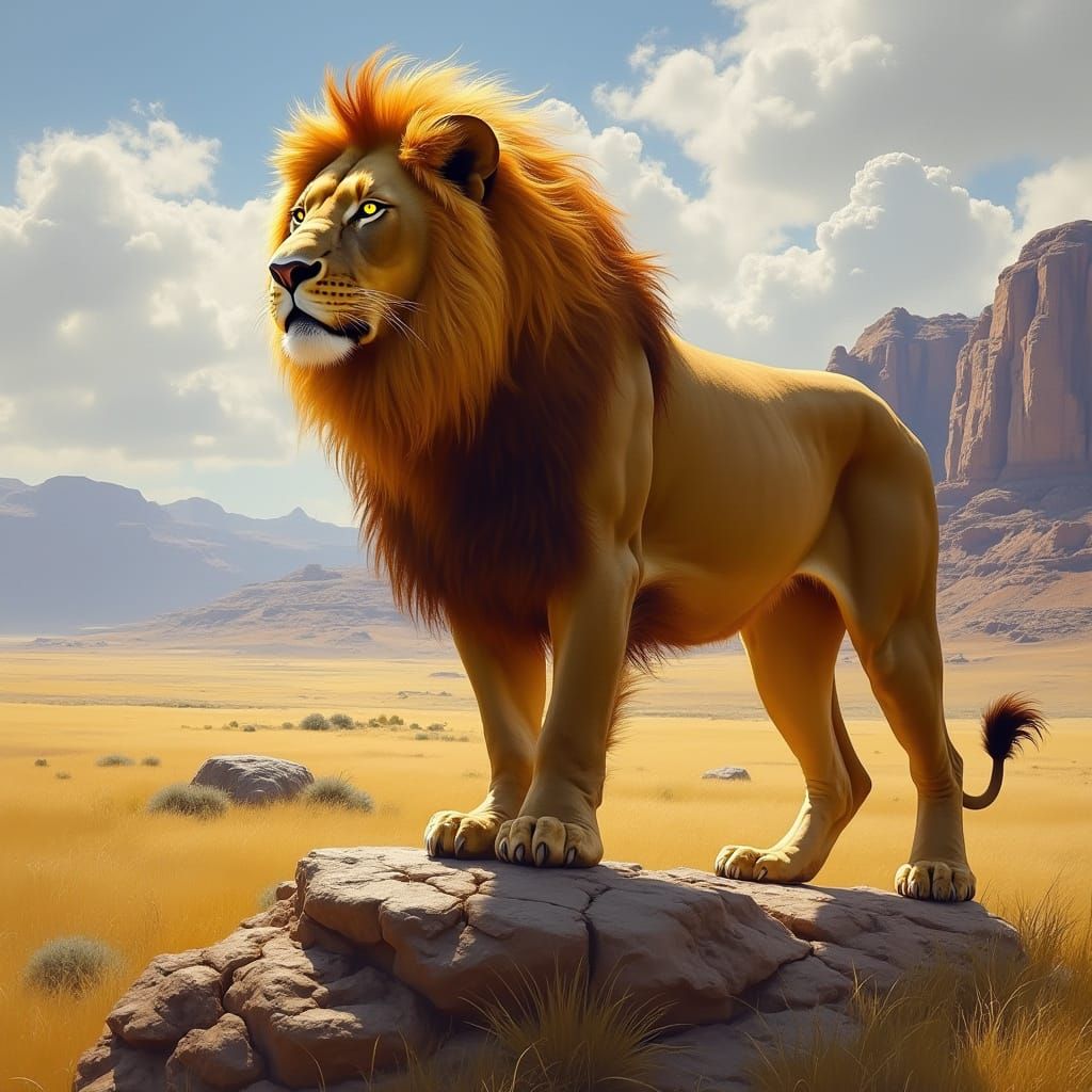 Regal Lion in a Sunlit Savanna Landscape, Classical Style