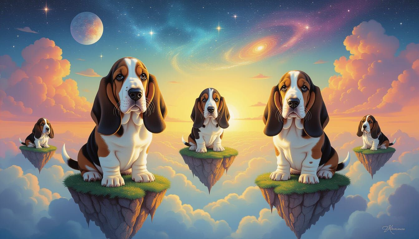 Surreal Basset Hounds on Floating Islands in Cosmic Sky