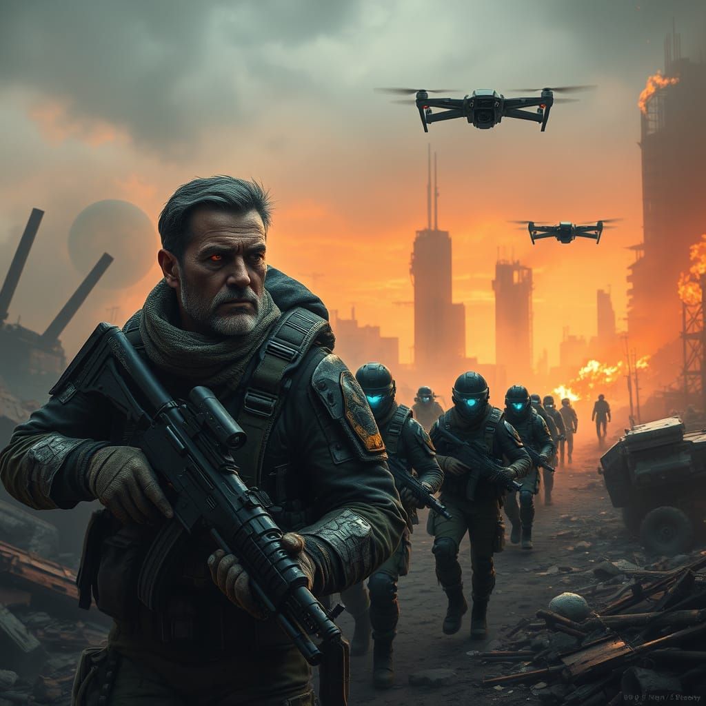 Battle-Scarred Futuristic Soldiers Patrol Ruins of Fallen Ci...