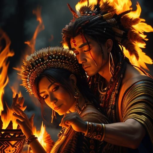 Shamans Dancing on a Firecamp in Vibrant Colors