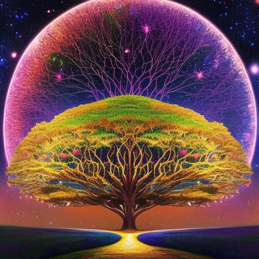 Cosmic Tree of Dreams in Vibrant Galactic Night