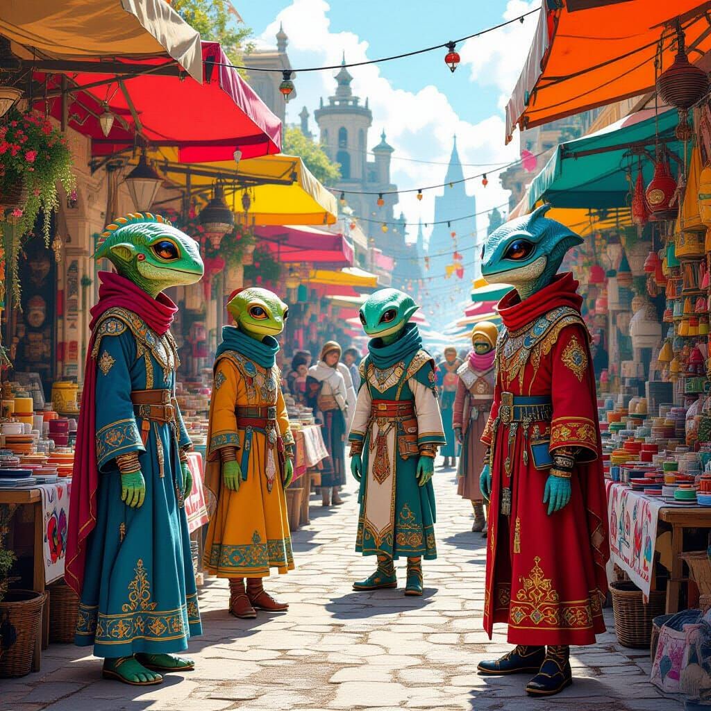 Alien Market with Reptilians and One-Eyed Creatures