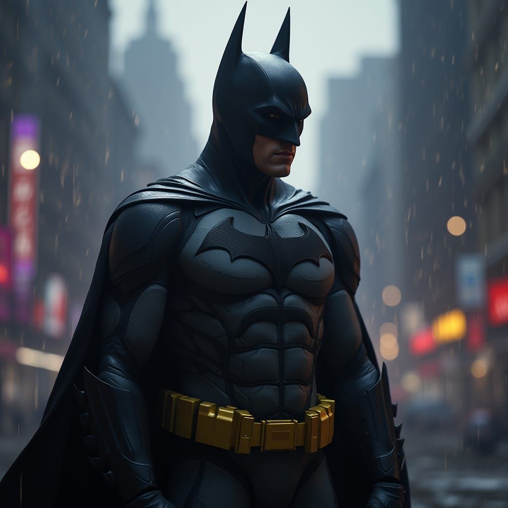 Christian Bale as Batman in Dark Cityscape