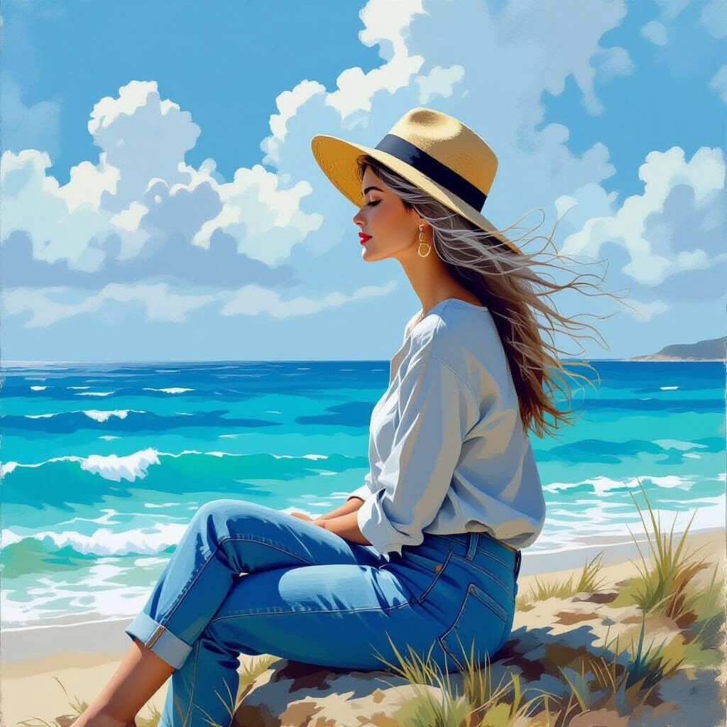 Woman by Blue Ocean in Art Nouveau Style