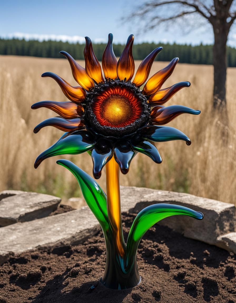 Vibrant Blown Glass Sunflower in Fertile Soil