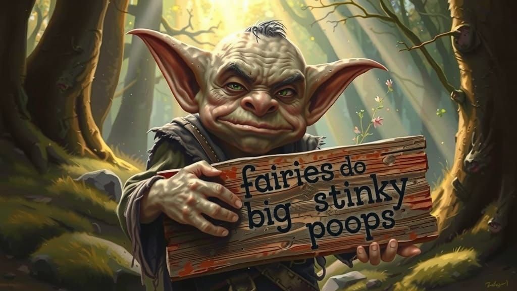 Grumpy Goblin Holding a Humorous Sign in Forest