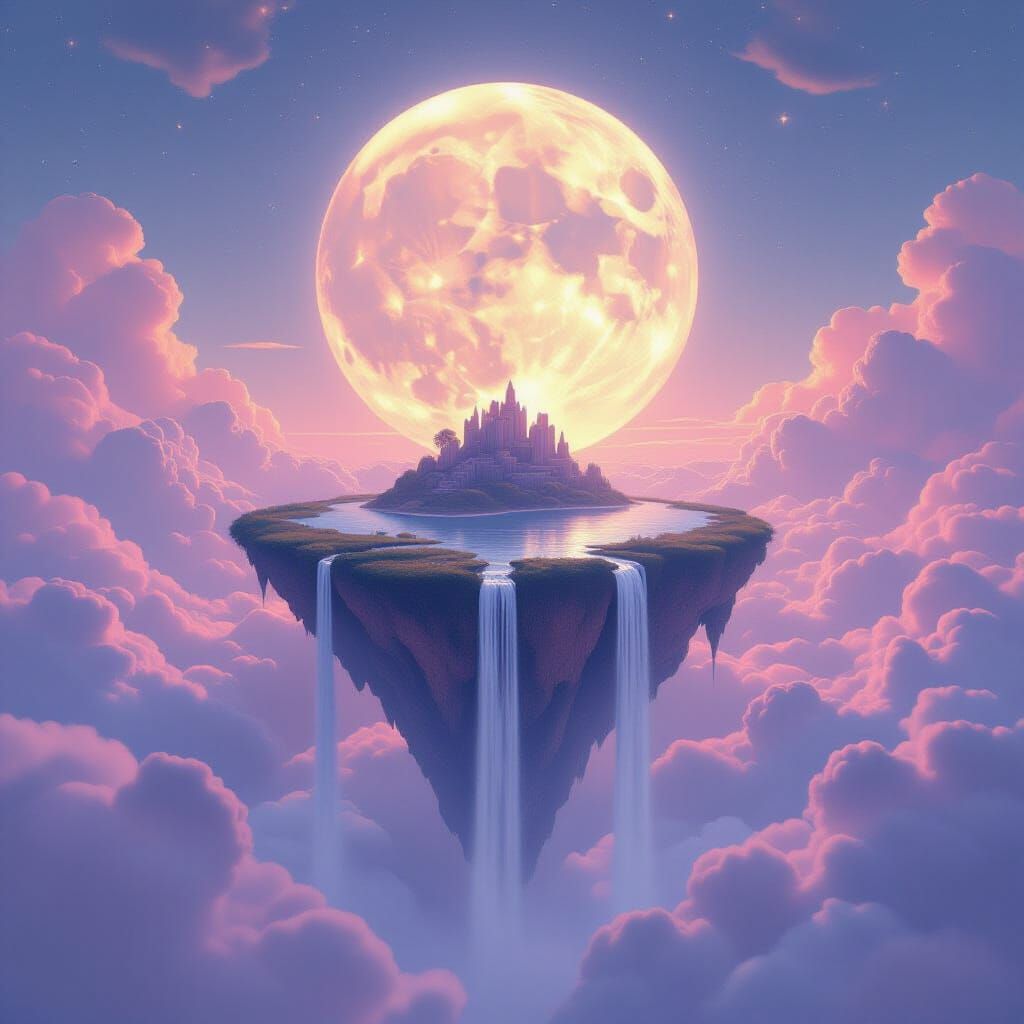 Dreamlike Floating Island with Giant Moon in Pastel Sky