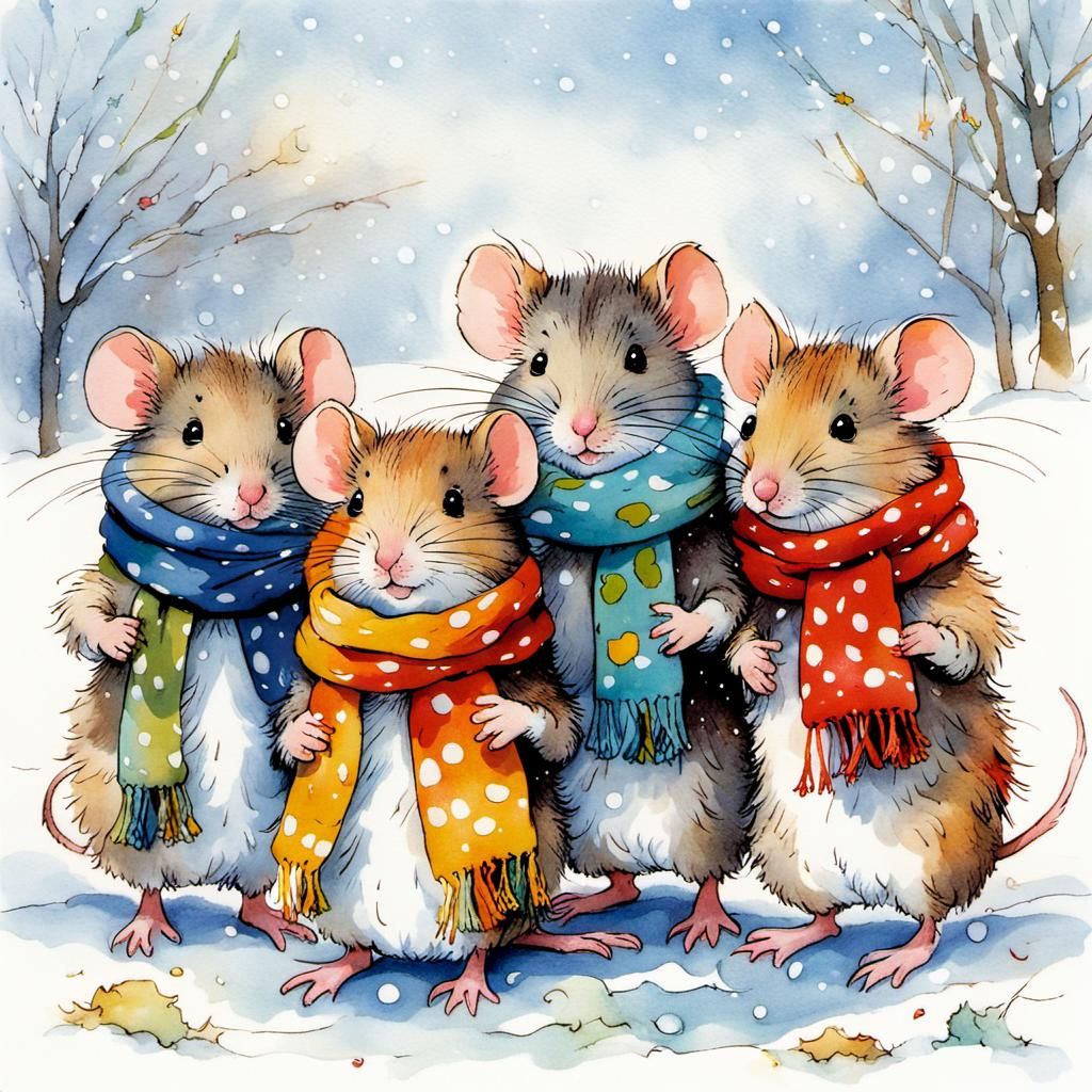 Whimsical Mice in Winter Wonderland, in Vibrant Watercolor S...