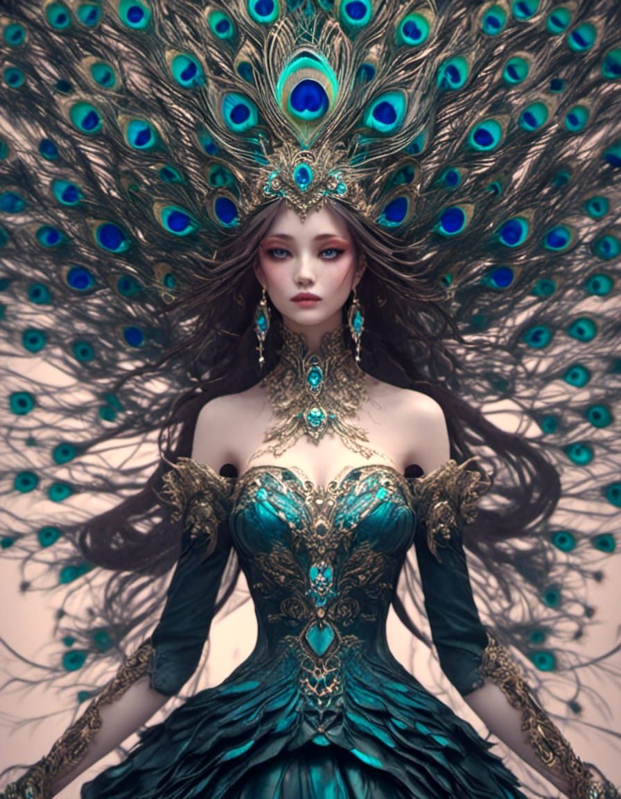 Surreal Goddess in Peacock Couture, Dark Cyberpunk Dreamscap...