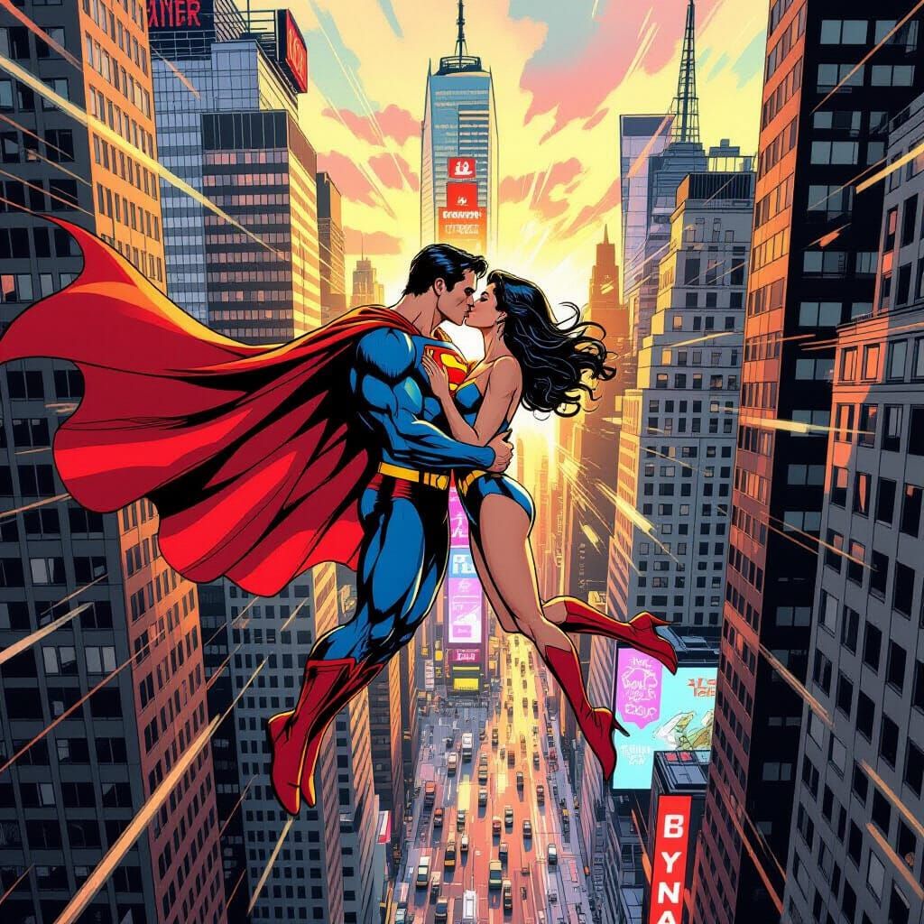Superman and Lois Lane Kiss Above Times Square in Comic Styl...
